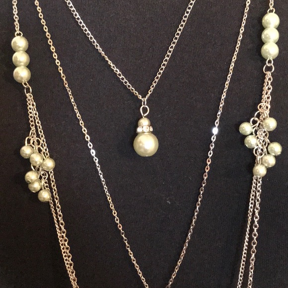 layered mint green pearl silver tone necklace set - Picture 3 of 4